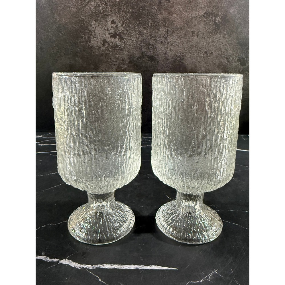 Vintage PAIR (2) Indiana Glass Crystal Ice Tree Bark Footed Water Glasses